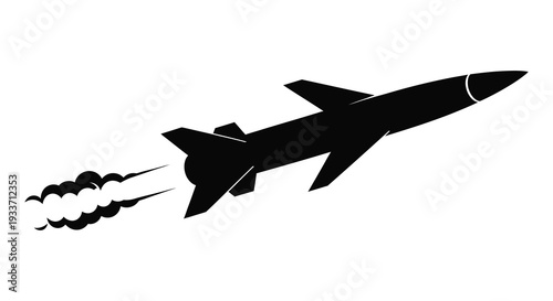 A sleek black missile soars through the air with a trail of smoke stark silhouette high quality professional