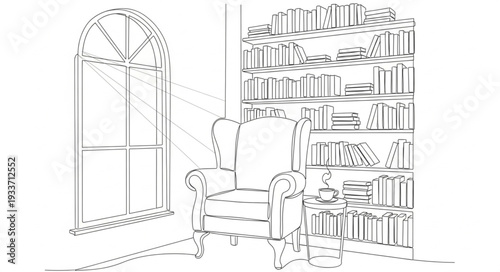 Vintage Bookshelf with Books and Chair.