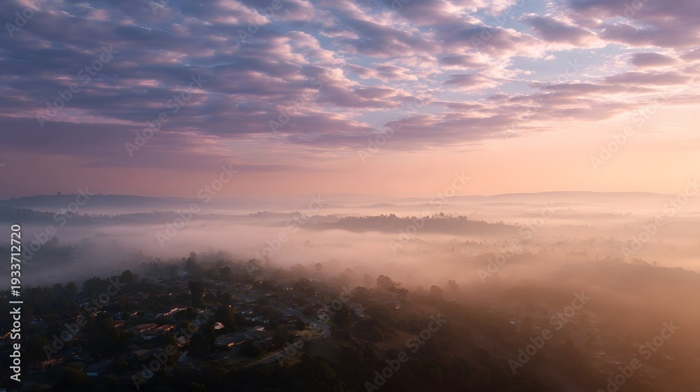 Fototapeta premium Misty dawn landscape with rolling hills and residential areas bathed in soft pastel sunrise light