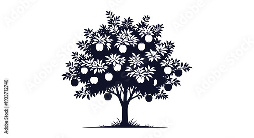 A detailed black silhouette of a fruit tree laden with apples and foliage silhouette high quality professional modern