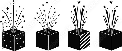 Surprise gift box explosion set, party confetti and stars burst vector illustration isolated black celebration design collection