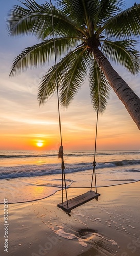 A serene beach scene with a swing hanging from a palm tree