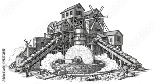 Vintage Industrial Mill Illustration.