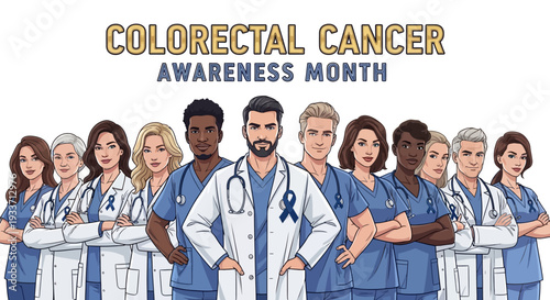 Diverse group of medical professionals standing united for Colorectal Cancer Awareness Month with blue ribbons in a supportive team composition.