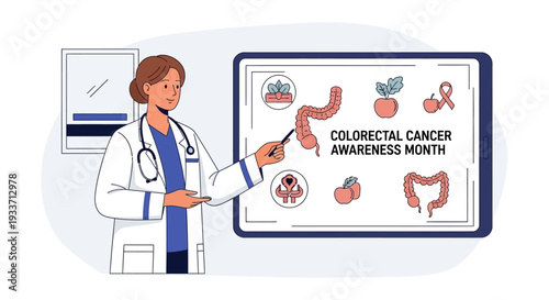 A female doctor in a white coat pointing at a presentation board with colorectal cancer awareness illustrations in a clinical setting with a professional mood.