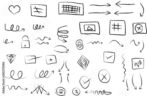 A collection of hand-drawn doodle elements, including arrows, shapes, and symbols, on a plain white background from a direct viewpoint.