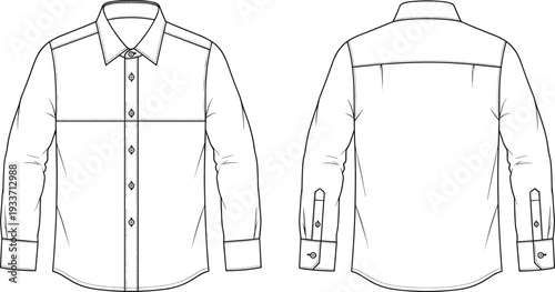 Men Long Sleeve Button Down Shirt Technical Fashion Flat Sketch Front and Back View Classic Collared Line Art Illustration
