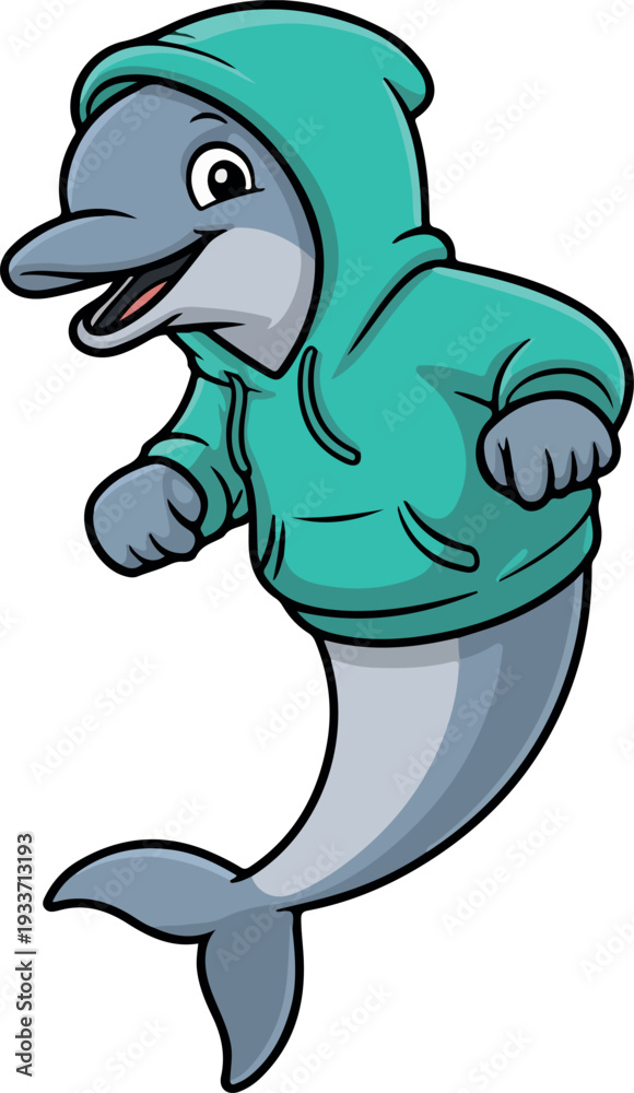 Naklejka premium Friendly Dolphin Character Wearing a Stylish Teal Hoodie While Happily Smiling