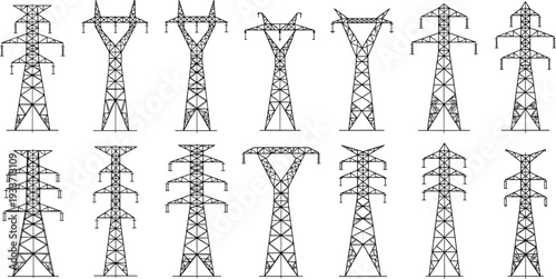 High voltage power transmission towers set, electricity pylons isolated vector collection on white background