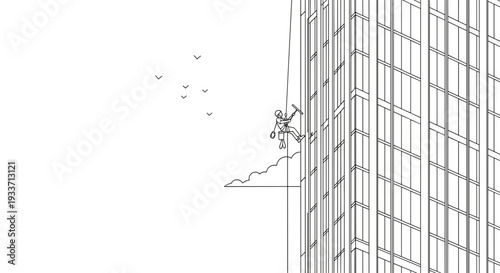 Man Climbing Down Skyscraper Wall.
