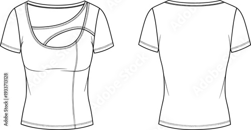 Women Asymmetrical Cut Out T Shirt Technical Fashion Flat Sketch Front and Back View Modern Fitted Top Line Art Illustration