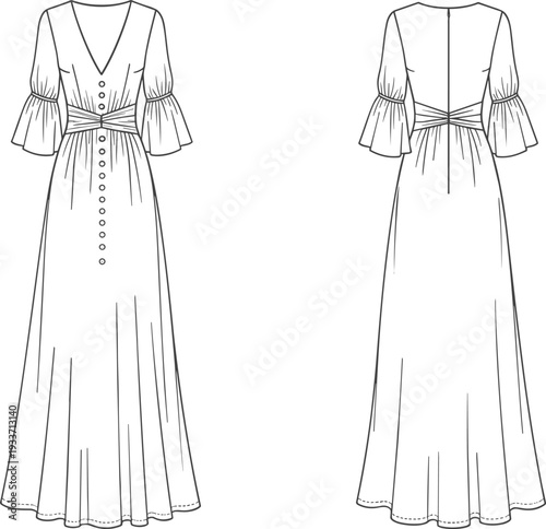 Women Boho Maxi Dress Technical Fashion Flat Sketch Front and Back View with V Neck Button Detail Flared Sleeves Waist Tie