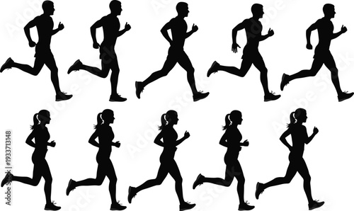 Male and female running silhouettes set, athlete jogging vector collection isolated on white background