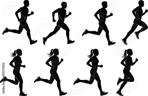 Male and female running silhouettes set, jogging athletes isolated vector collection on white background