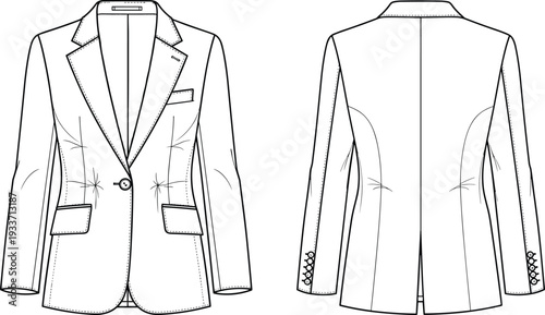Women Classic Tailored Blazer Technical Fashion Flat Sketch Front and Back View with Notch Lapel Flap Pockets Button