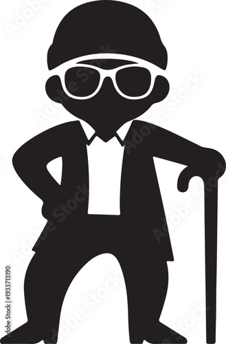 Silhouette of a cool, stylish older gentleman with a cane and sunglasses, exuding a sense of sophisticated charm and relaxed confidence