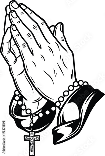 Praying Hands with Rosary Beads and Cross Vector Graphic