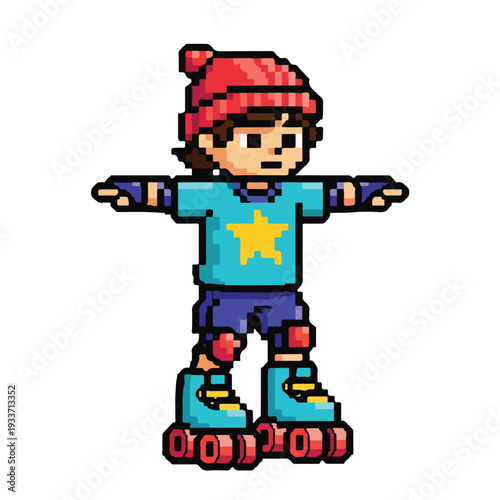 Pixel Art Rollerblader in Red Beanie and Star Shirt