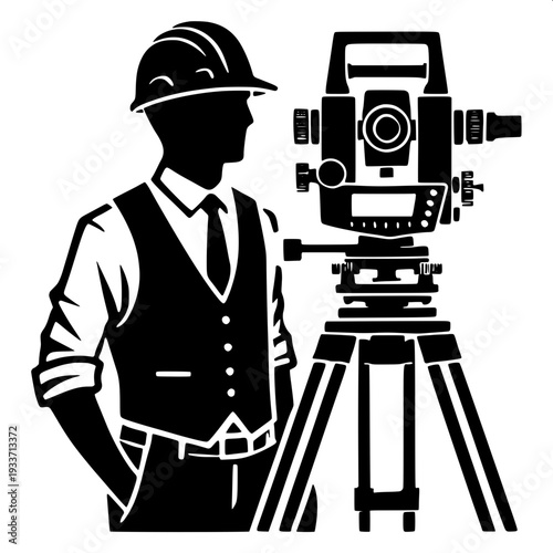 Surveyor engineer using theodolite on tripod, black outline vector illustration, side view worker wearing safety helmet, simple line art icon, white background