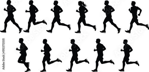 Running men and woman silhouettes sequence, jogging athletes isolated vector set on white background