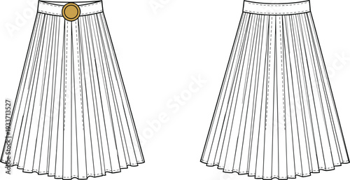 Women Pleated Midi Skirt with Belt Buckle Technical Fashion Flat Sketch Front and Back View High Waist Detail