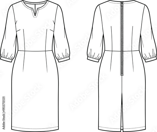 Women Puff Sleeve Midi Dress Technical Fashion Flat Sketch Front and Back View with Back Zipper Fitted Silhouette Detail