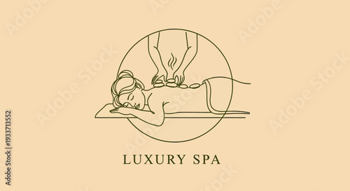 Luxury Spa Logo with Woman Receiving Hot Stone Massage.
