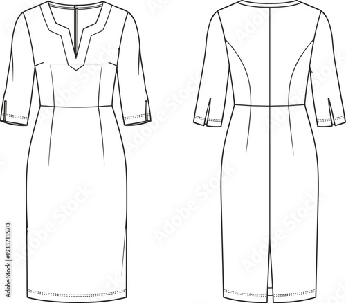 Women Sheath Midi Dress Technical Drawing with V Notch Neckline and Three Quarter Sleeves, Front and Back View Illustration