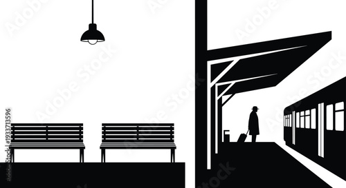Train station platform silhouette scene, passenger with suitcase waiting for railway departure vector illustration isolated on white background
