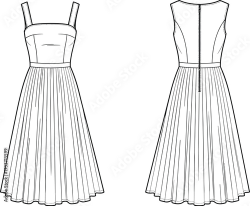 Women Sleeveless Pleated Midi Dress Technical Drawing with Fitted Bodice and Flowy Skirt, Front and Back View Illustration