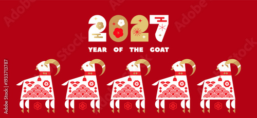 Happy Chinese New Year 2027, Zodiac sign, lunar new year of the Goat Chinese translation: "Happy New Year, Goat" Vector template zodiac symbol animal mascot icon illustration