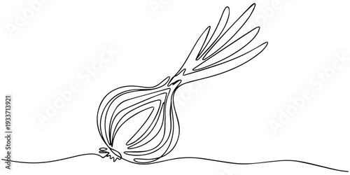 Continuous one line drawing of whole and sliced healthy organic bulb onion for groceries logo identity. one line Art icon drawing
