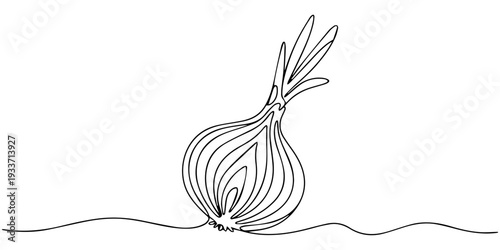 Continuous one line drawing of whole and sliced healthy organic bulb onion for groceries logo identity. one line Art icon drawing