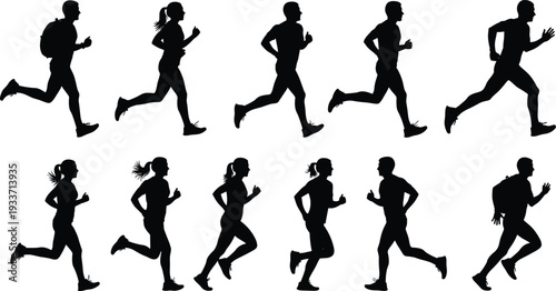 Running men and women silhouettes set, jogging athletes isolated vector collection on white background