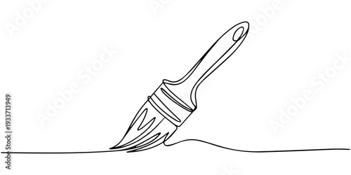 Paintbrush continuous line art, One continuous line of a paint brush for painting. Line art of a tool with a wooden handle and thick bristles. Drawing in one line style with a black stroke on a white