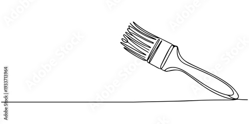 Paintbrush continuous line art, One continuous line of a paint brush for painting. Line art of a tool with a wooden handle and thick bristles. Drawing in one line style with a black stroke on a white