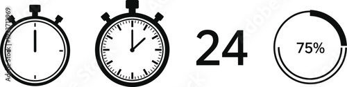 Time management and countdown icon set, stopwatch timer, 24 hours symbol, percentage progress circle illustration