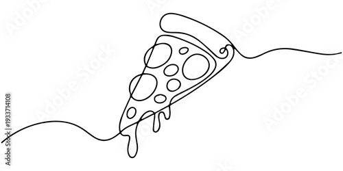 One continuous line drawing of pizza slice. Symbol of italian food and restaurant delivery concept in simple linear style. Banner menu in editable stroke. Doodle outline vector illustration