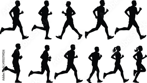 Running men and women silhouettes set, jogging athletes isolated vector collection on white background