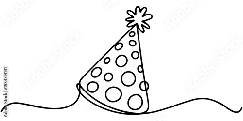 polka dot party hat with pom pom and fringe continuous one line drawing, A black and white line art illustration of a cone-shaped party hat with polka dots and a pom-pom on top, minimalist style pro.
