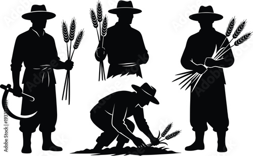 Farmer silhouette illustration set, agriculture labor artwork, wheat harvest vector design, rural graphic icon, black white farming symbol