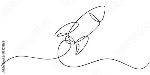 One continuous line art drawing of spacecraft. Rocket space ship launch vector illustration, Continuous line drawing of spaceship flying. Single line illustration of rocket spaceship launch, one line.