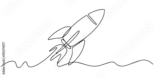 One continuous line art drawing of spacecraft. Rocket space ship launch vector illustration, Continuous line drawing of spaceship flying. Single line illustration of rocket spaceship launch, one line.