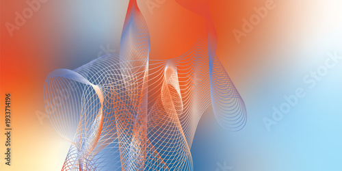 Abstract orange, azure, and white gradient backdrop with floating light particles and smooth curves, modern tech concept, vector style