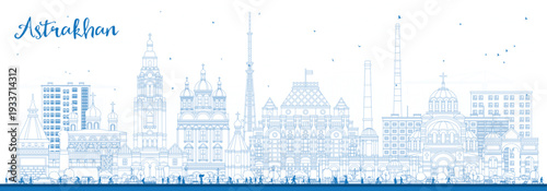 Outline Astrakhan Russia city skyline with blue buildings. Illustration. Astrakhan cityscape with landmarks. Business travel and tourism concept with modern and historic architecture.