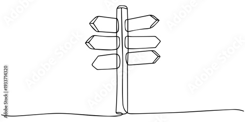 Direction signpost continuous one line drawing. Minimalist vector outline illustration of multiple arrows on pole showing navigation choices.
