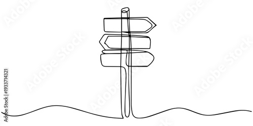 Direction signpost continuous one line drawing. Minimalist vector outline illustration of multiple arrows on pole showing navigation choices.