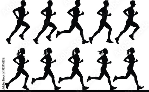 Running silhouette illustration set, male female athlete artwork, fitness motion vector design, sport graphic icon, black white training symbol