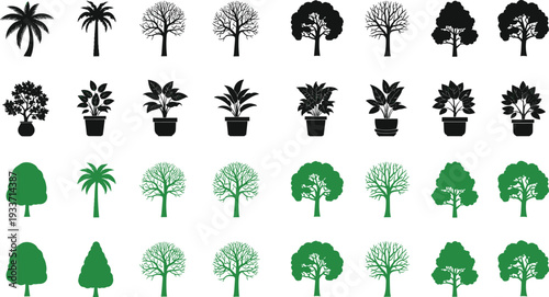Tree and plant silhouette collection, black and green botanical icons set, isolated vector illustration for design use, landscaping nature clipart