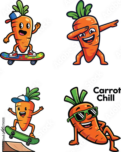 Vector of cute cartoon carrot characters playing skateboard and chilling, cool vegetable set